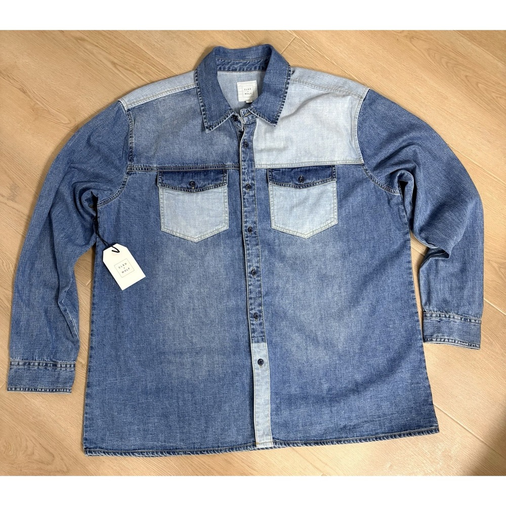 Cleo + Wolf XXL Denim Overshirt Medium Wash Colorblock Button Up NWT 100% Cotton